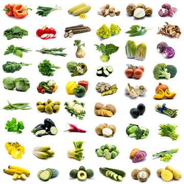 Different types of vegetables in collage isolated on white background