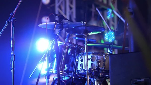 Drum Set on Stage with Microphones &ndash; Live Music Concert Equipment Close-Up