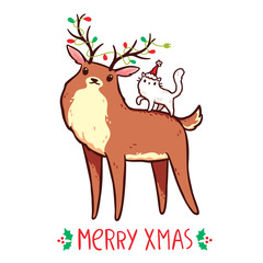 Cute reindeer with Christmas lights in antlers and a white cat with a Santa hat on his back, Merry Xmas lettering. Design for print (greeting card, sticker, t-shirt). Isolated on white background