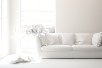 Mock up of stylish room in white color with sofa and winter landscape in window. Scandinavian interior design. 3D illustration