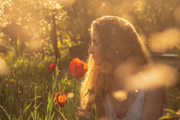 Girl in white dress smelling tulip in sunset among fluff, dandelions and cherry flowers