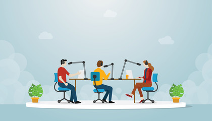 podcast team production with people man and woman sit and discuss use mic speaker for podcasting with modern flat style - vector