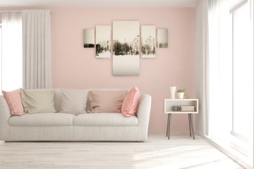 Fototapeta premium Stylish room in pink color with sofa. Scandinavian interior design. 3D illustration