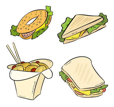 Set of fast food doodles. Sandwich, bagle, wok noodle collection. Vector cartoon isolated hand drawn icons