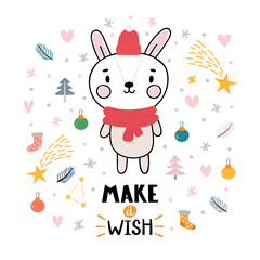 Christmas card with cute little bunny. Funny winter animals, cartoon character. Inspiration phrase Make a wish. Hand drawn lettering. Printable greeting postcard design