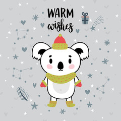 Christmas card with cute little koala. Funny winter animals, cartoon character. Inspiration phrase Warm wishes. Hand drawn lettering. Printable greeting postcard design