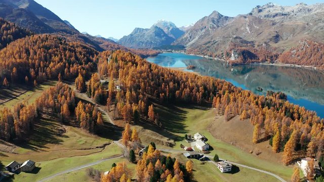 Aerial 4K - Switzerland - Panoramic view of the lakes of Sils and Silvaplana 