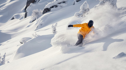 freeride snowboarder unleashes a wave of snow