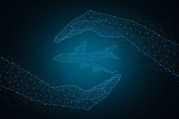 hands of glowing particles plane blue, help, support