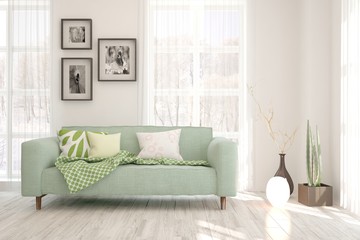 Stylish room in white color with sofa. Scandinavian interior design. 3D illustration