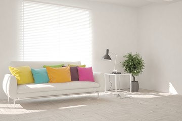 Stylish room in white color with sofa. Scandinavian interior design. 3D illustration