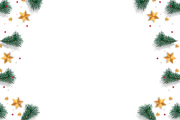 Merry Christmas on white background with tree branches decorated with stars, Xmas theme. Illustration