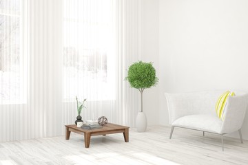 Stylish room in white color with armchair. Scandinavian interior design. 3D illustration