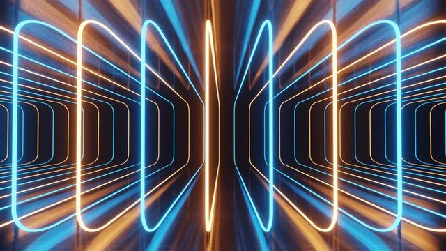 Blue orange neon light holographic technology. 3d render abstract background. Rounded square frames sequence. Digital neon background. Ultraviolet spectrum, laser show. Loop 3d 4K animation