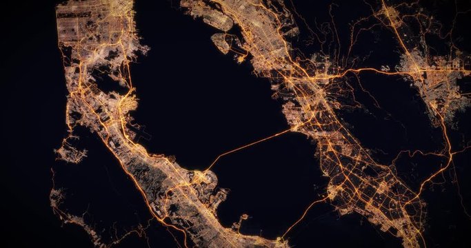 Aerial night view of city of San Francisco, USA. Traffic and street light glowing. Camera flying high above, moving slowly forward from space filming cinematic straight down. 3d animation rendering.
