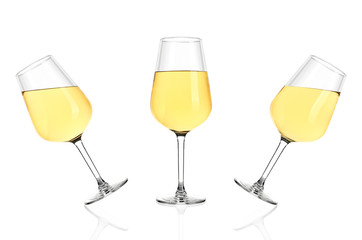 Three glasses of white wine isolated on white background. Glasses tilted in different directions, poured completely.
