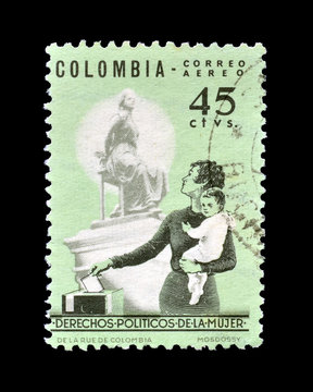 Cancelled postage stamp printed by Colombia, that promotes Women in politics, circa 1965.