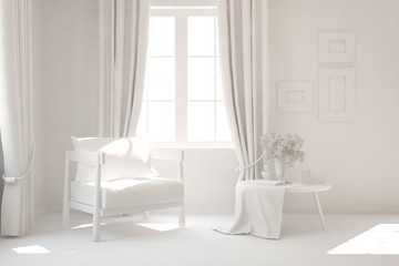 Mock up of stylish room in white color with armchair. Scandinavian interior design. 3D illustration