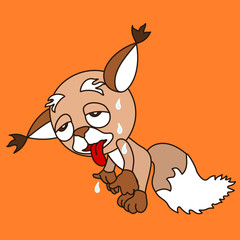 emoticon with a cool deadly squirrel that stands half-bent and sticks out its tongue, sweat flows from her forehead, , color vector emoji on a orange isolated background
