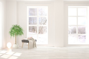 Mock up of empty room in white color with winter landscape in window. Scandinavian interior design. 3D illustration