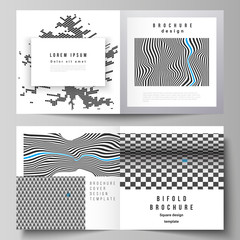 The vector illustration layout of two covers templates for square design bifold brochure, magazine, flyer, booklet. Abstract big data visualization concept backgrounds with lines and cubes.