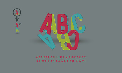 Font with colorful layers. ABC constructor, colorful creative letters and numbers. Vector illustration.