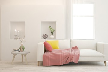 Stylish room in white color with sofa. Scandinavian interior design. 3D illustration