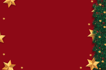 Red Christmas Background with Border of Realistic Looking Christmas Tree Branches Decorated with Berries, Golden Stars and baubles.