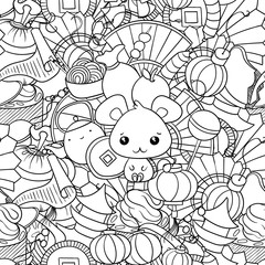 Doodle seamless pattern with Chinese New Year decorations and kawaii mouse, symbol of 2020 year.  Festival bangers, lanterns, fans, asian food.