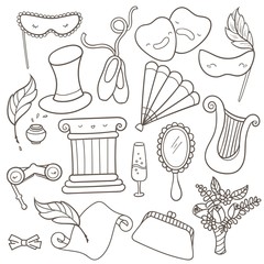 Set of cute kawaii theater doodles. Concert hall objects in outline. Easy to change colors.