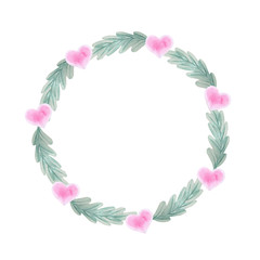 Watercolor cute romantic wreath of twigs and hearts. Great for decorating wedding invitations, cards, valentines, photo albums and other creative ideas.