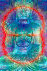 Digital artwork of Buddha and a fractal circle of life