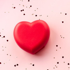 Valentines day composition, background with   red heart and golden glitter. February 14, wedding concept. flat lay, copy space. greeting card © sonia