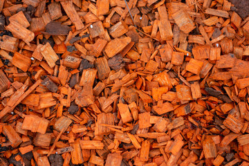 orange wood chips closeup. Decorative texture of wood chips. Natural material pattern of blue wooden pieces of tree bark. Full filled the picture frame above the eyes.