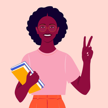 An African girl smiles and shows a victory sign. Happy student with books. Hand gesture. Vector flat illustration