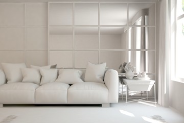 Mock up of stylish room in white color with sofa. Scandinavian interior design. 3D illustration