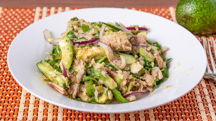 Healthy tuna, avocado and cucumber salad with onions in a plate on a table with ingredients - american home cooking