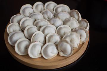 food, dumplings, dough, filling, wooden, round, stand, appetite, lunch, ingredient, cooking, ravioli,