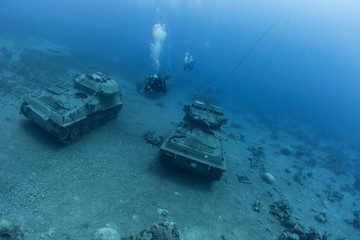 Diving in Jordan in Aqaba, where under water there are armored vehicles and tanks and other military equipment.