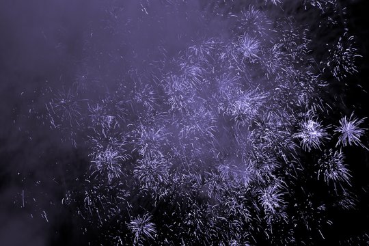 Luxury Fireworks Event Sky Show With Purple Stars Bunch Group. Premium Entertainment Magic Star Firework At E.g. New Years Eve Or Independence Day Party Celebration. Black Dark Night Background