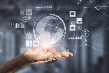 Hand holding abstract global network interface