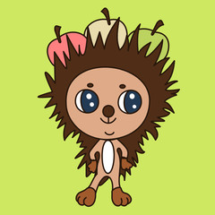 emoticon with a funny hedgehog, who is standing and smiling, and on his needles are threaded three colorful apples