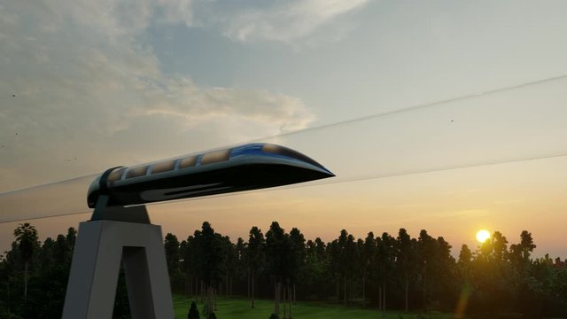Modern 3d illustration with green maglev hyperloop. Future technology concept. Futuristic concept. Technology background concept. Transportation concept. Modern train passing on mono 4k
