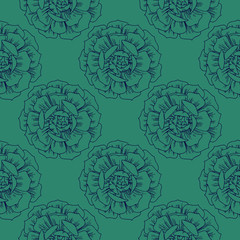 Succulent hand drawn seamless pattern. Line elements on emerald background. Good for fabric, textile, wrapping paper, wallpaper, kitchen and bedroom design, packaging, paper, print, etc.
