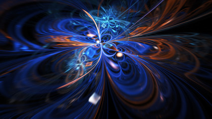 Abstract holiday background with blurred rays and sparkles. Fantastic blue and orange light effect. Digital fractal art. 3d rendering.