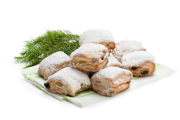 Freshly baked christmas stollen bites isolated on white