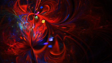 Abstract holiday background with blurred rays and sparkles. Fantastic red and blue light effect. Digital fractal art. 3d rendering.