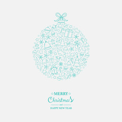 Merry Christmas and Happy New Year. Xmas greeting card with bauble. Vector