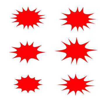 Splash star icon set in flat style. Set of explosion background for a surprising and shocking moment with sample texts.