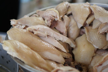selected focus, Sliced boiled chicken, market street